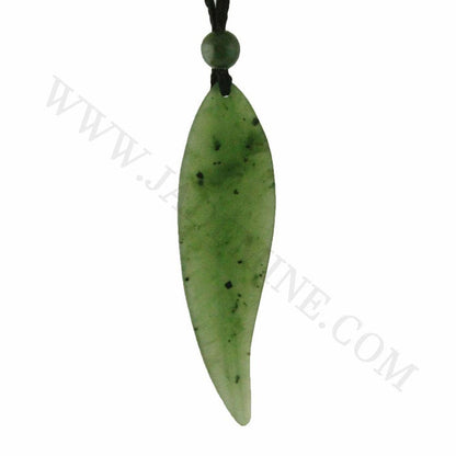 Green jade leaf pendant on a black cord with a small round bead above