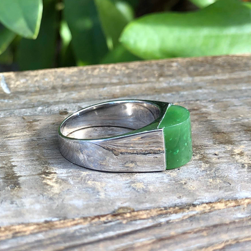 Green and silver jade ring on a wooden base, and green leaves in the background