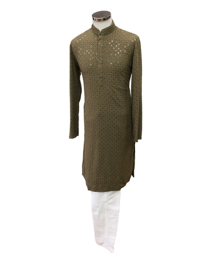 Khaki Brown Lucknowi Mens Kurta Set - UK Stock - 24h Dispatch - MAHARAV VA 0223