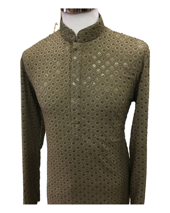 Khaki Brown Lucknowi Mens Kurta Set - UK Stock - 24h Dispatch - MAHARAV VA 0223