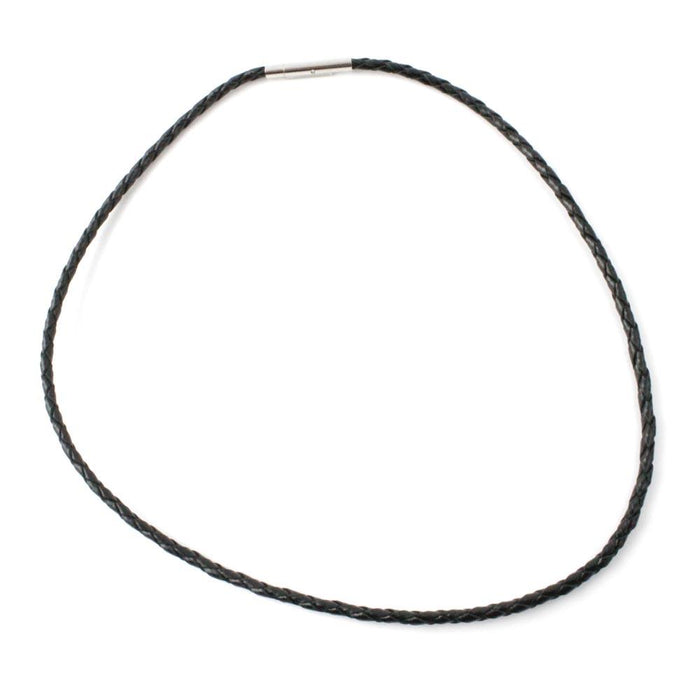 Black braided leather cord necklace with silver clasp
