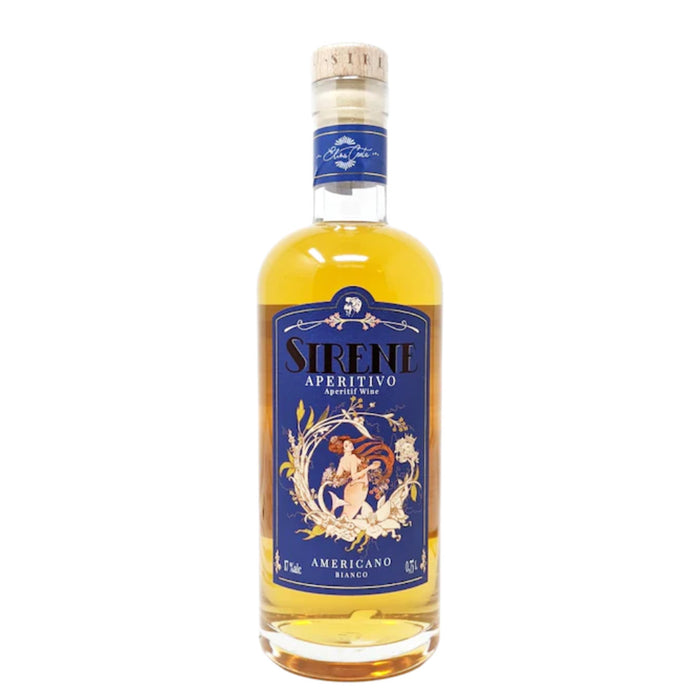 Sirene Americano Bianco liquor bottle with blue label and amber glass