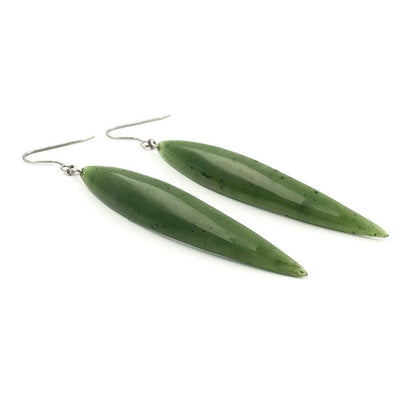 Long Dark Green Jade Earrings on silver hooks, white background