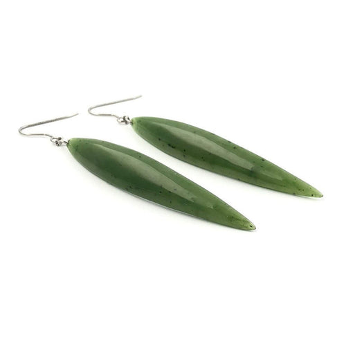 Long Dark Green Jade Earrings on silver hooks, white background
