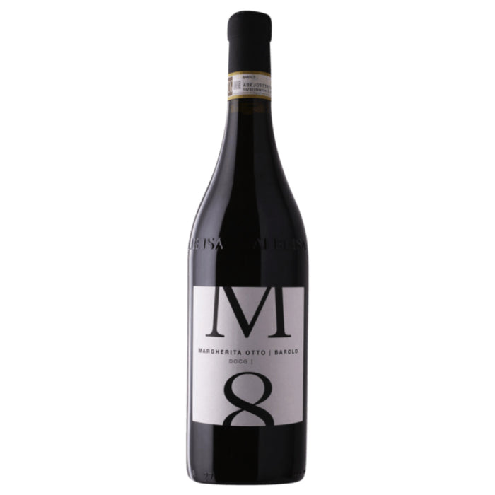 Barolo wine bottle with black and gold label featuring 'M 8'