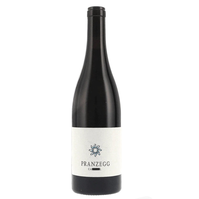 Dark glass wine bottle with Pranzegg label and blue flower emblem.