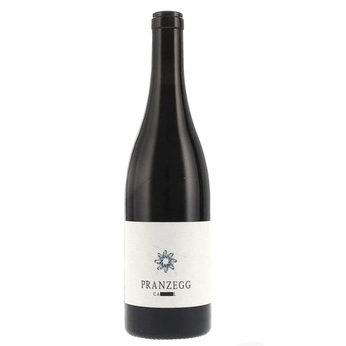 Dark glass wine bottle with Pranzegg label and blue flower emblem.
