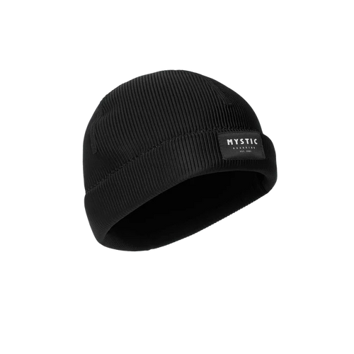 Black Mystic beanie with ribbed texture and brand patch, ideal for watersports