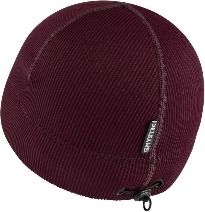 Mystic 2mm neoprene wetsuit beanie, oxblood red, shown from rear angle