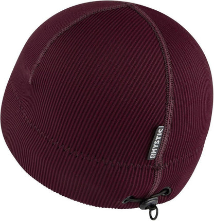 Mystic 2mm neoprene wetsuit beanie, oxblood red, shown from rear angle