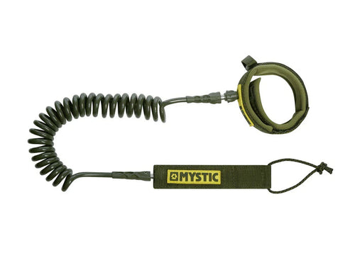 Mystic Coiled Board Leash 10ft Wingfoil, olive green, with ankle cuff and coiled cord