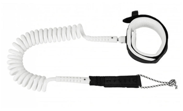 Mystic Coiled Board Leash 10ft white coiled wingfoil leash with black ankle cuff