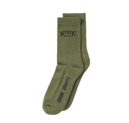 Mystic Boarding olive green socks with 'Ignore Gravity' text, watersports gear