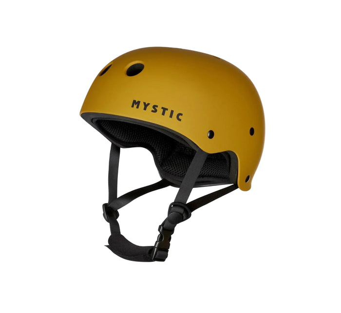 Mystic watersports helmet in mustard yellow with black straps and ventilation holes