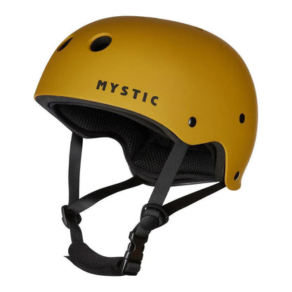 Mystic MK8 Kite Wake Helmet in mustard yellow with chin strap and ventilation holes