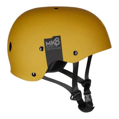 Mystic MK8 Kite Wake Helmet in mustard yellow, side view with black chin strap
