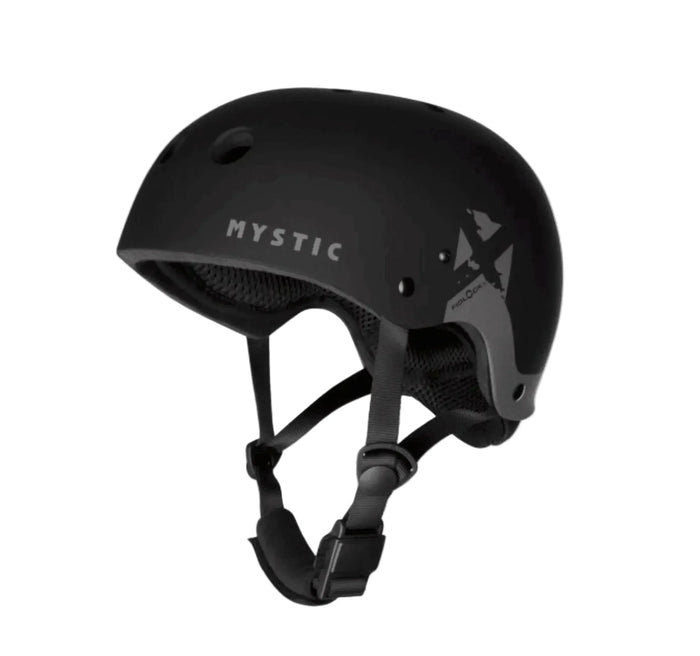 Mystic black watersports helmet with Fidlock buckle for safety