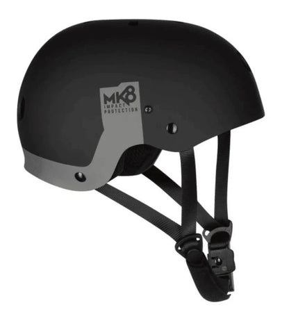 Mystic MK8X black watersport helmet with chin strap and impact protection label