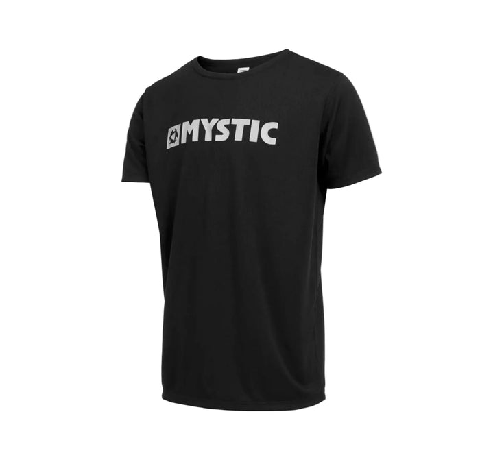 Black Mystic watersports t-shirt with white logo, ideal for surf and paddleboard enthusiasts