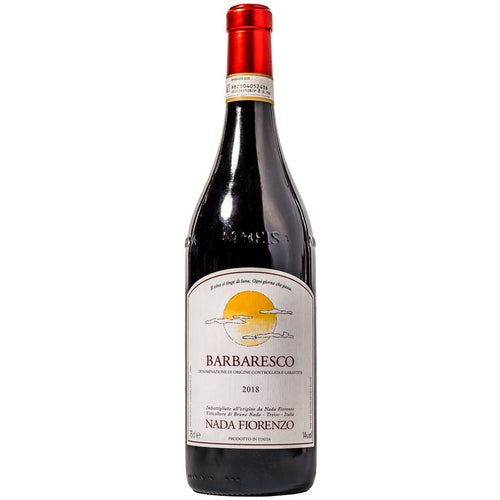 Barbaresco wine bottle, Nada Fiorenzo, 2018; red foil cap, dark glass