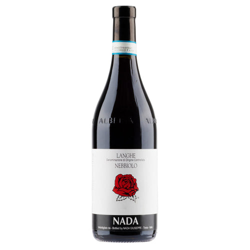 Nebbiolo wine bottle with Langhe Nebbiolo label, red rose and Nada branding