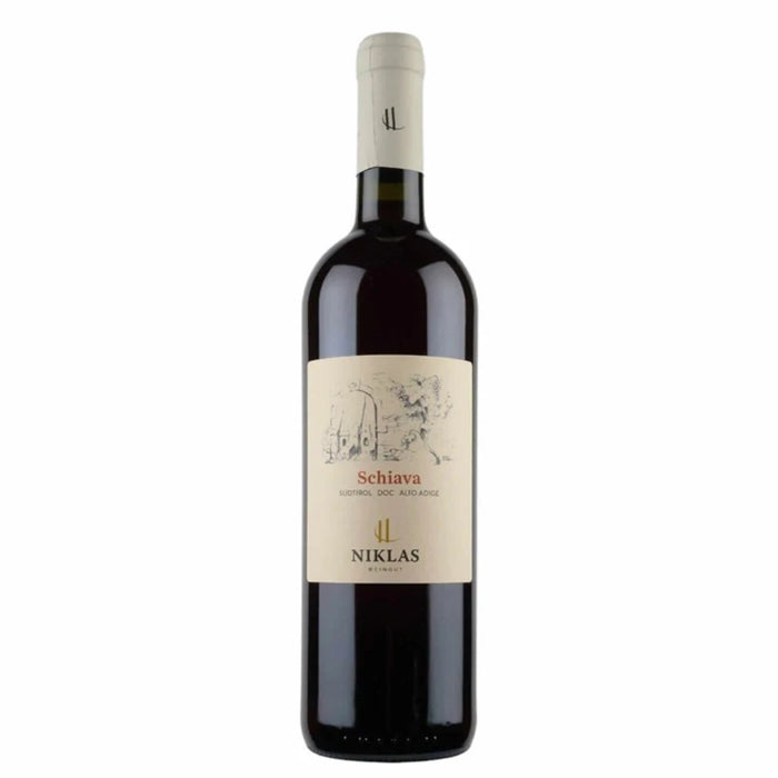 Wine bottle with cream Niklas Schiava label and dark glass body