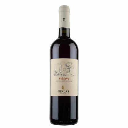 Wine bottle with cream Niklas Schiava label and dark glass body