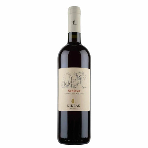 Wine bottle with cream Niklas Schiava label and dark glass body