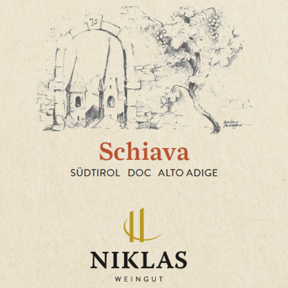 Schiava wine label card with Niklas Weingut branding and winery icon