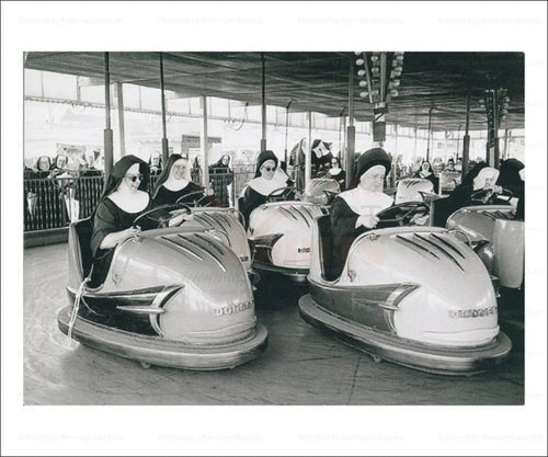 Nuns driving Bumper cars - VINTAGEARTREPRINTS.COM