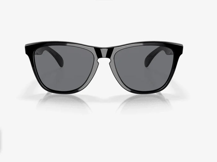 Oakley Frogskins polished black sunglasses with grey lenses front view