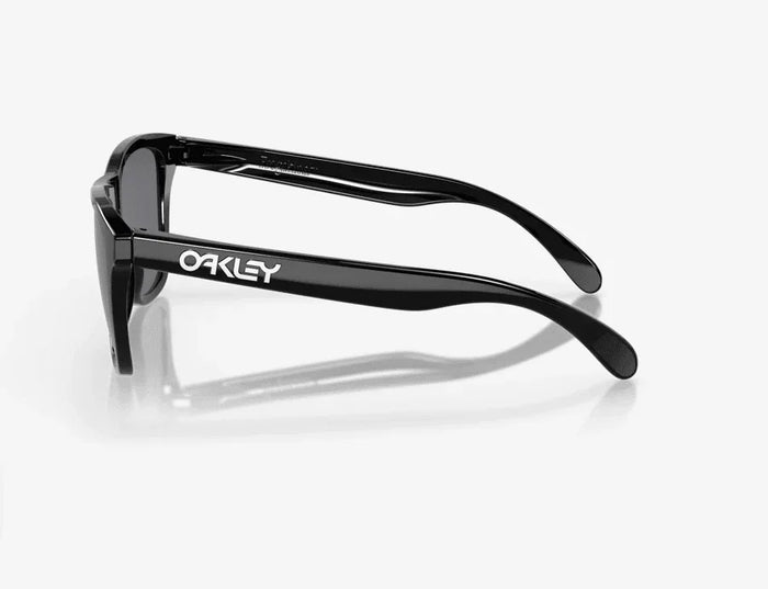Oakley Frogskins polished black sunglasses with grey lenses, side view