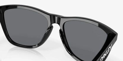 Oakley Frogskins polished black sunglasses with grey lenses close-up