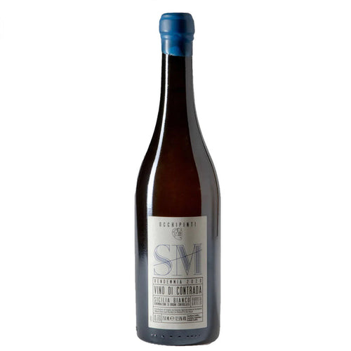 Occhipinti wine bottle, SM Grillo 2023, dark glass with blue cap and label