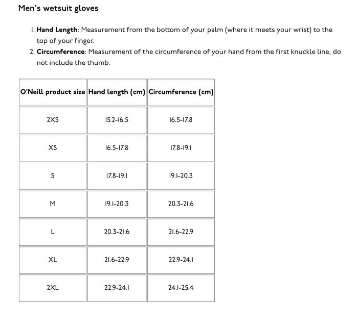 O'Neill men's wetsuit gloves size chart with hand length and circumference measurements