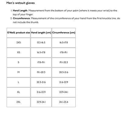 O'Neill men's wetsuit gloves size chart with hand length and circumference measurements