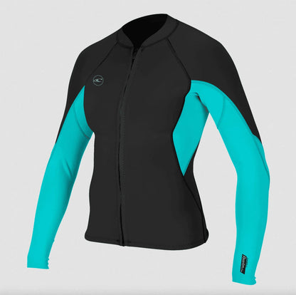 O'Neill Reactor 2 1.5mm women's wetsuit jacket, black and aqua, front zip.