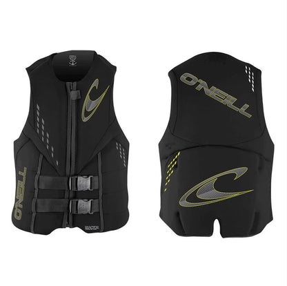 O'Neill Reactor ISO 50N Vest in black and yellow, front and back view, watersports buoyancy aid