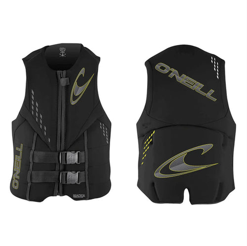 O'Neill Reactor ISO 50N Vest in black and yellow, front and back view, watersports buoyancy aid
