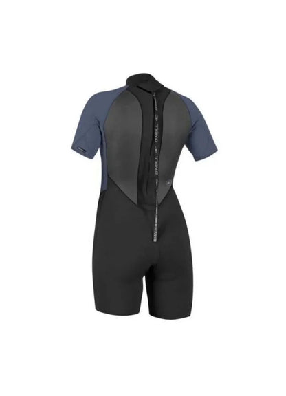 O'Neill Women's Reactor 2 2mm Back Zip Shorty wetsuit in black and mist, rear view