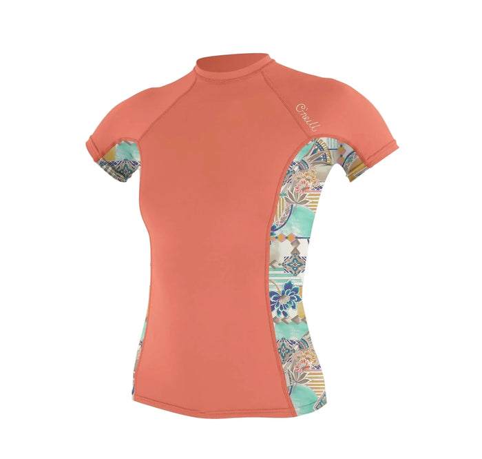 O'Neill coral short-sleeve rash guard with floral side panels
