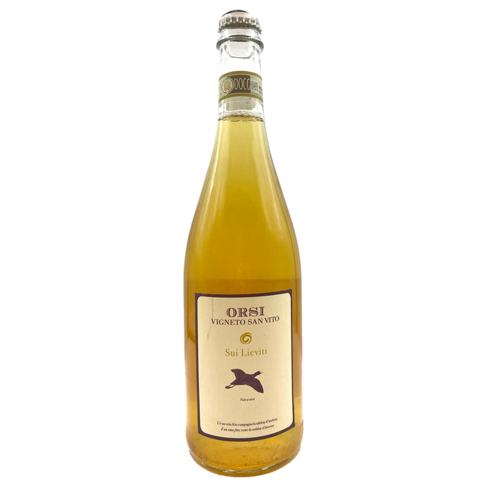 Orsi San Vito sparkling wine bottle with cork and label, amber-gold glass