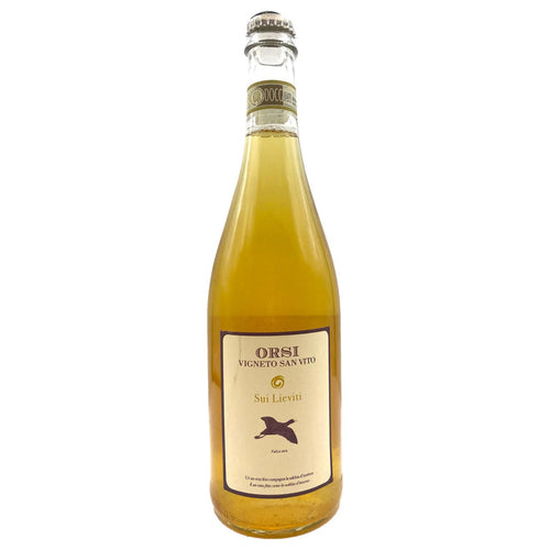 Orsi San Vito sparkling wine bottle with cork and label, amber-gold glass