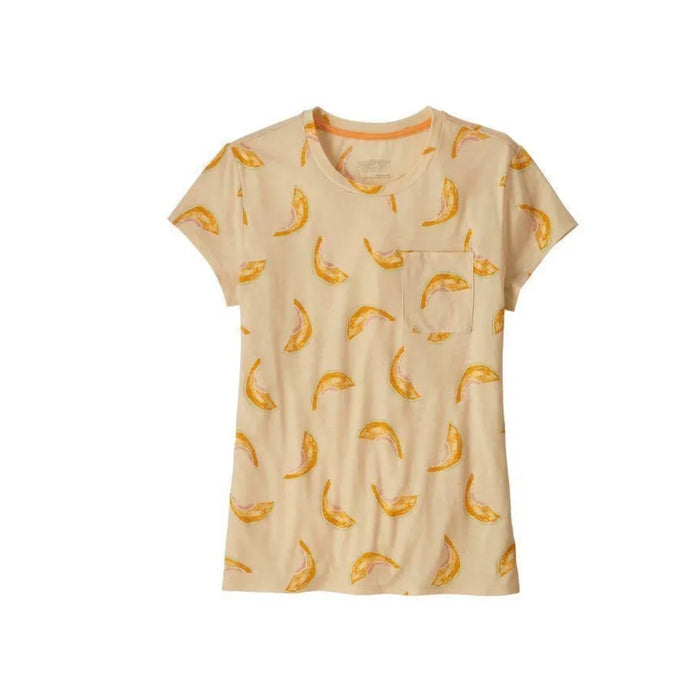 Beige t-shirt with orange citrus slice print, pocket detail, watersports apparel