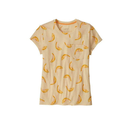 Beige t-shirt with orange citrus slice print, pocket detail, watersports apparel