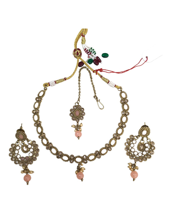 Peach Stones - Small Size Antique Finish Necklace Set with Earrings - DAJ220 A 1122