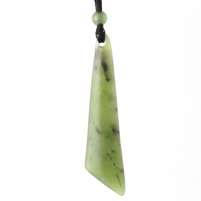 Pale green jade drop pendant with dark speckles and a top hole for the cord.