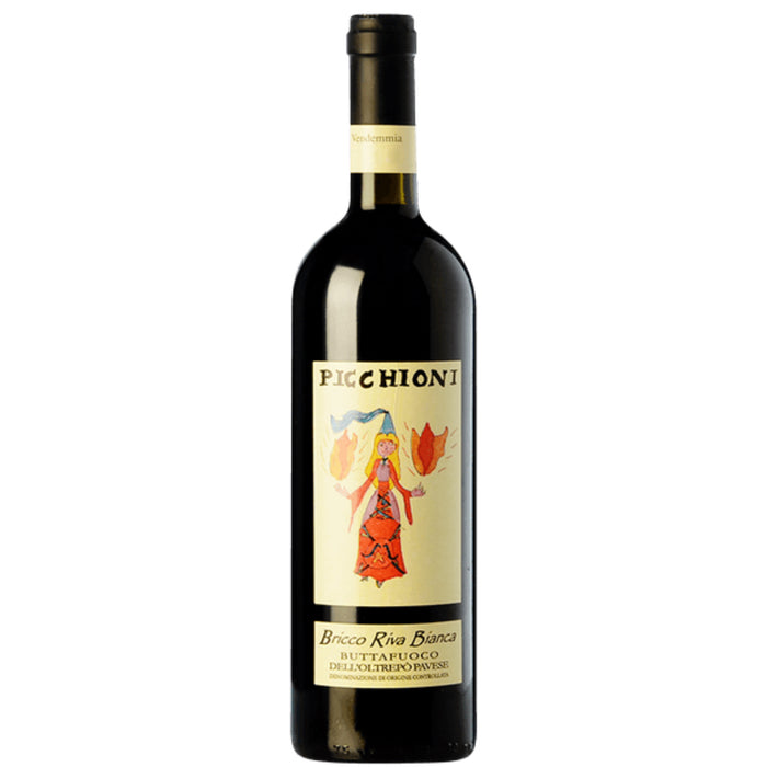 Picchioni wine bottle with cream label and dark glass, vintage 2017