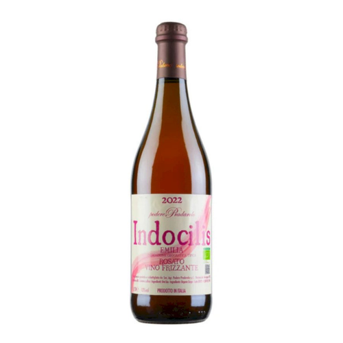 Pink rosato sparkling wine bottle, 2022 Indocilis by Podere Pradarolo, labeled