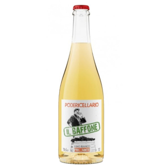 Sparkling white wine bottle with red cap and green/white label